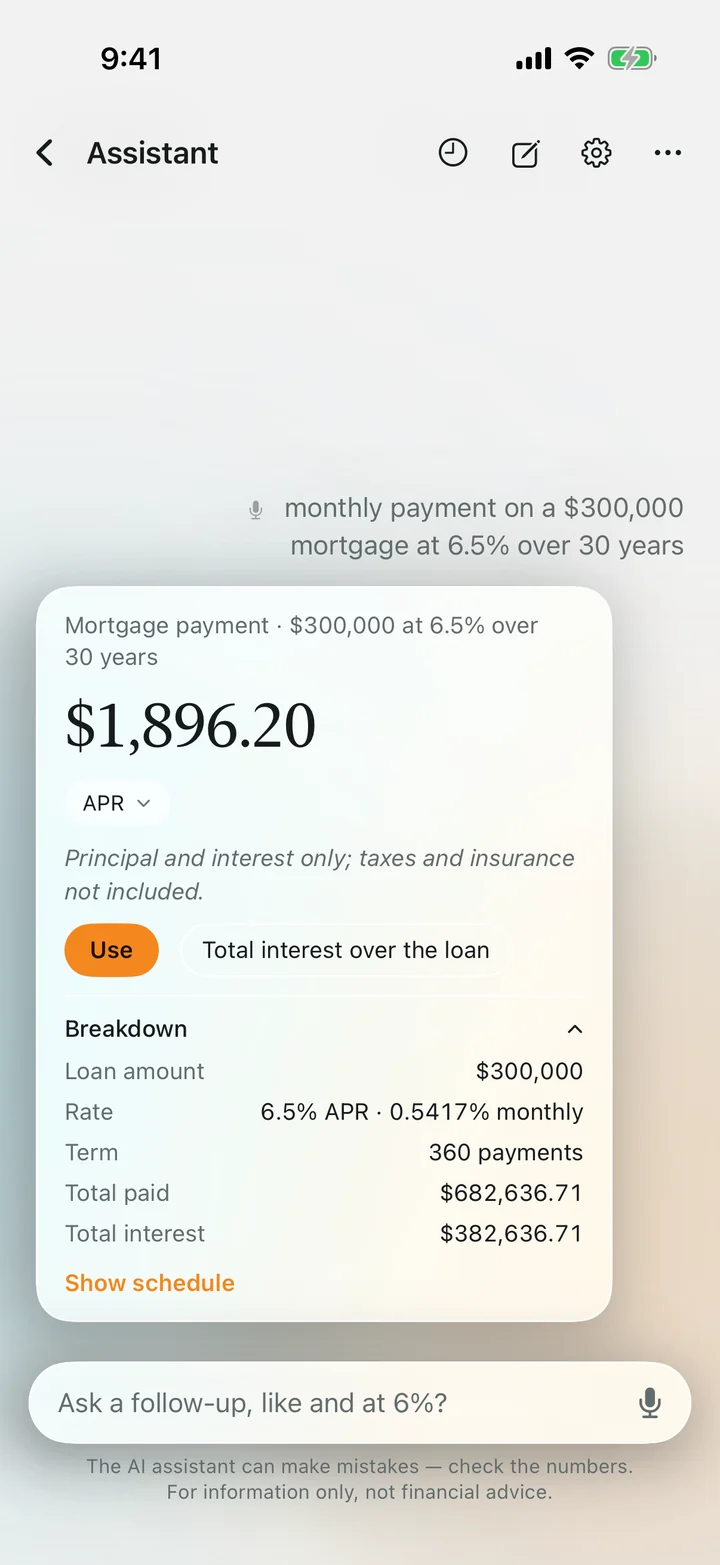 A mortgage answer with its breakdown, worked out by the calculator.
